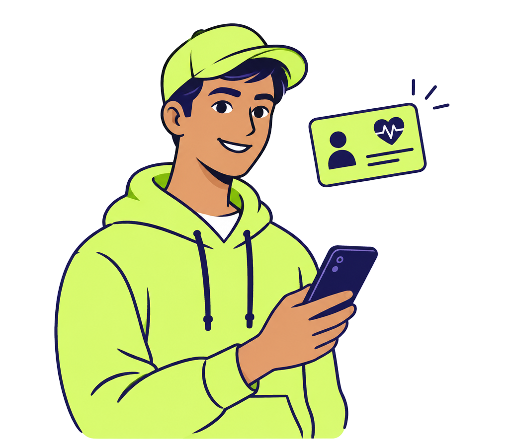 Person holding a phone next to a MedoTag health card